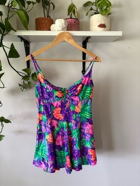 Charlies Tropical Floral One-Piece Swim Dress - Purple, Green & Pink